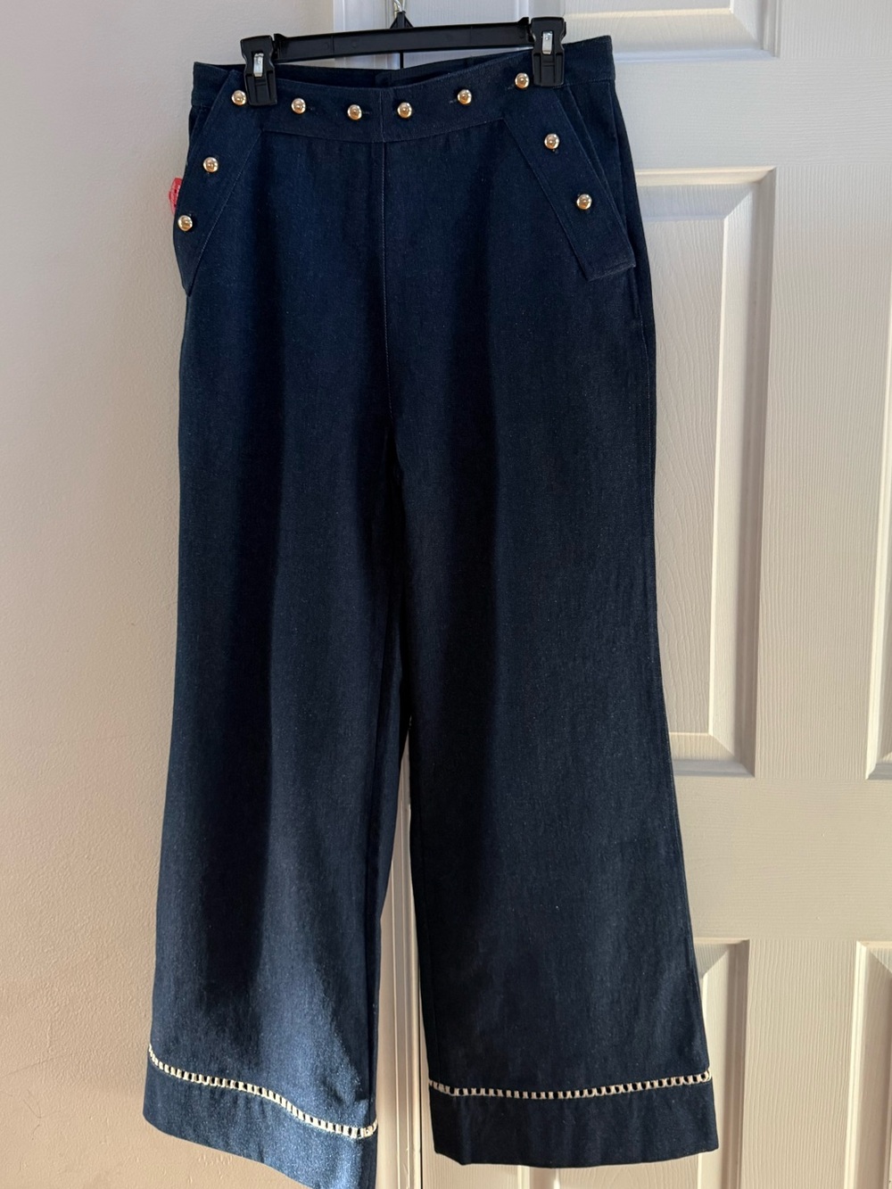 Carolina k High-Rise Wide-Leg Jeans in Navy with Gold Button Detail